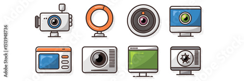 Webcam icons with microphone, ring light, and custom backgrounds – Suitable for video call platforms, tech UI kits, or online meeting branding