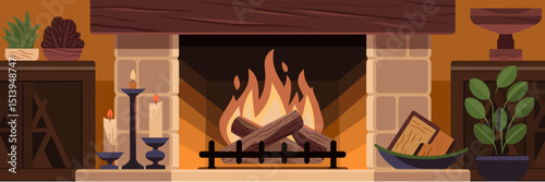 Vector illustration of a stone fireplace with burning logs – Ideal for cozy lifestyle branding, winter promotions, or home decor concepts
