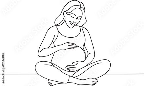 Pregnant woman sitting and touching belly line drawing