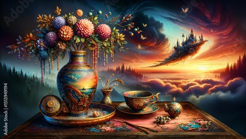 Exotic Vase and Floating Castle Under Vibrant Magical Sunset Sky