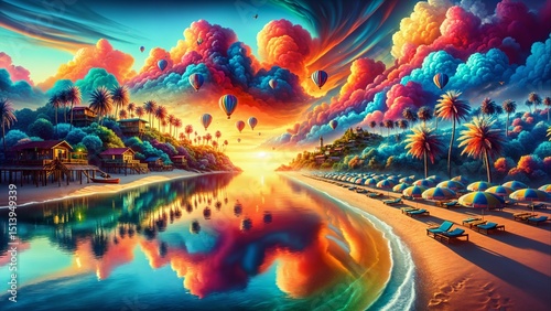 Tropical Beach Town at Sunset with Balloons and Vibrant Dreamlike Sky
