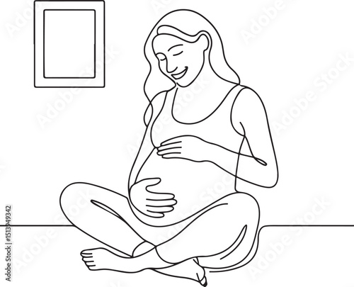 Happy pregnant woman sitting at home line sketch