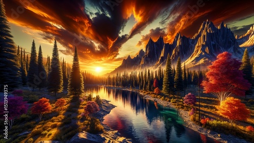 Dramatic Autumn Sunset Landscape with Lake, Mountains, and Cinematic Lighting