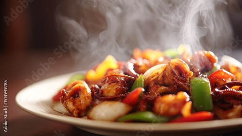 Steaming stir-fried food with vegetables and meat on a white plate.