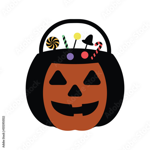 Adorable vector illustration of a halloween pumpkin bucket filled with colorful candies