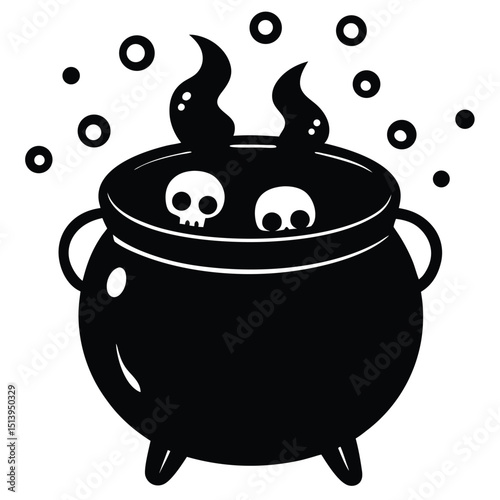 Black and white halloween illustration of a witch's cauldron with skulls and bubbles