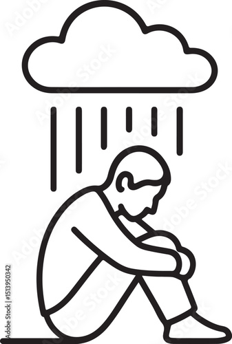 Sad man sitting under rain and cloud line illustration