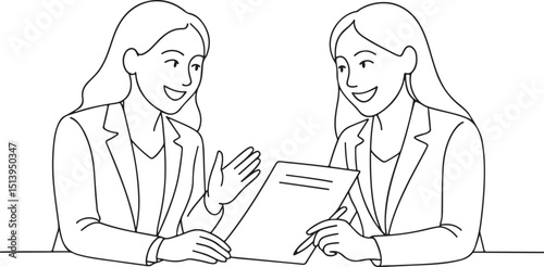 Two women discussing business contract line drawing