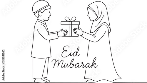 Young Muslim boy giving Eid gift to sister line art