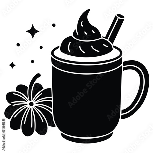 Black and white vector illustration of a cozy pumpkin spice latte with whipped cream and sparkles