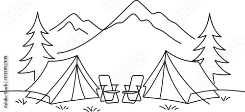 Forest campsite with mountains and tents line drawing