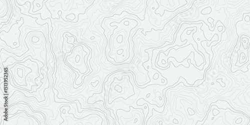 "Abstract Topographic map design with grey lines seamless pattern on white background. Geographic contour map paper texture. Retro topographic map, geographic mountain relief. Vector. Illustration"