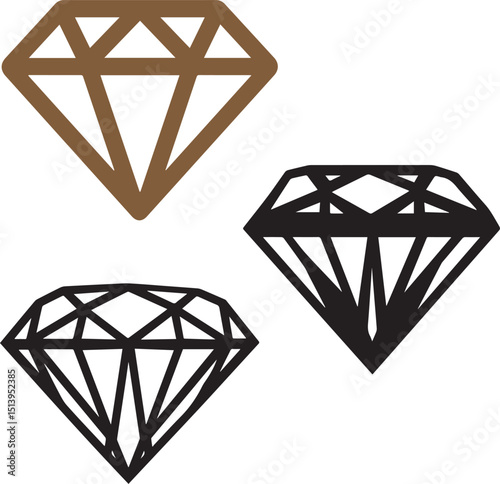 Set of Geometric Diamond Icons in Black, Gold, and Brown, Representing Luxury, Wealth, and Elegance, Ideal for Jewelry, Fashion, and Premium Product Designs