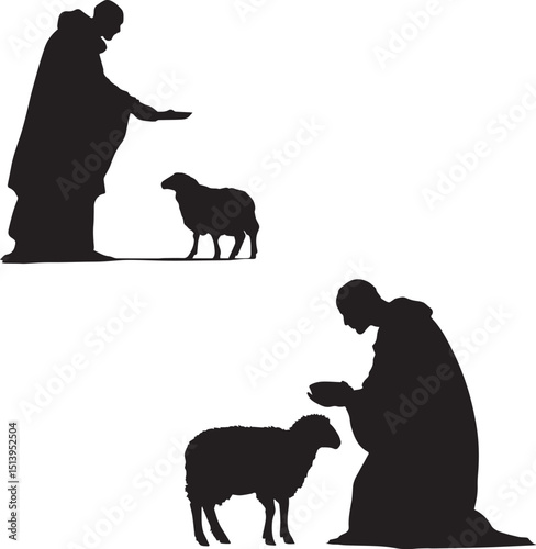 Silhouette of Monk Feeding Sheep – Peaceful Pastoral Scene
