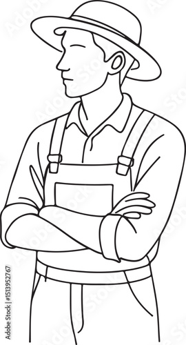 Farmer wearing hat and clothes line drawing style