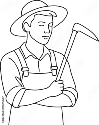 Young male farmer with straw hat line illustration