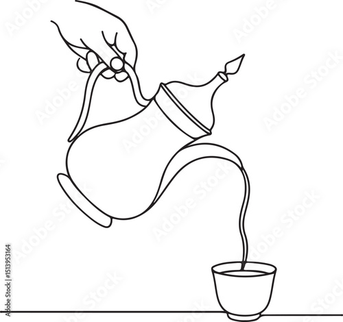 Arabic coffee being poured into cup vector line drawing