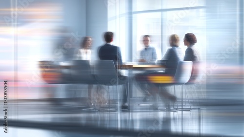 Business people sit at a table in an office setting motion blur.