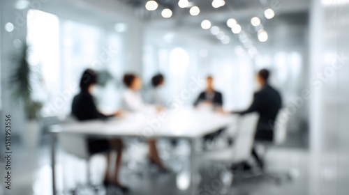 Blurred figures sit around a table in a bright modern office space.