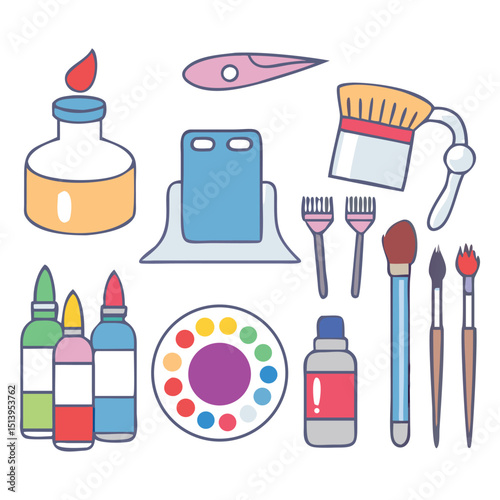 Vector icon set of painting tools and art supplies with brush, palette, and canvas in clean minimal style
