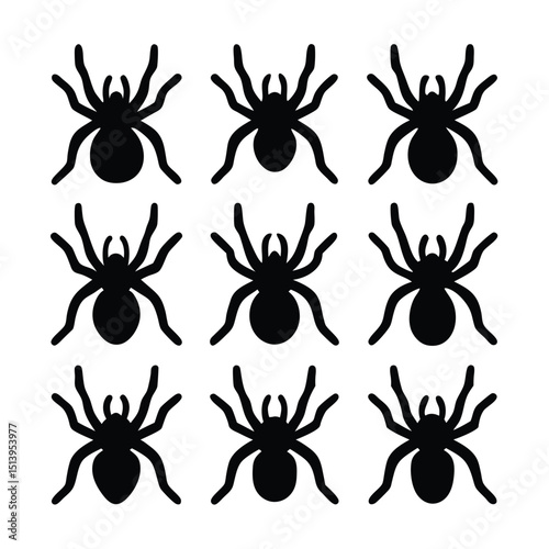 Nine black spider silhouettes arranged in a grid against a clean white background