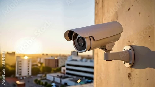 Security camera mounted on wall overlooking city skyline at sunset  