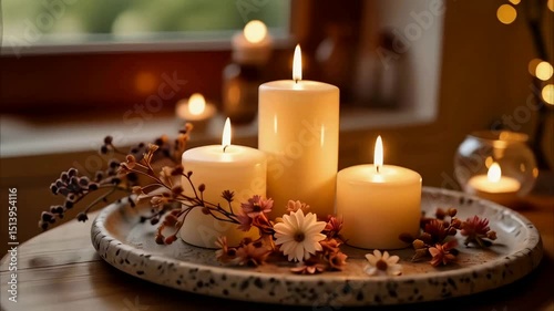 Three lit candles on a decorative plate with flowers indoors  