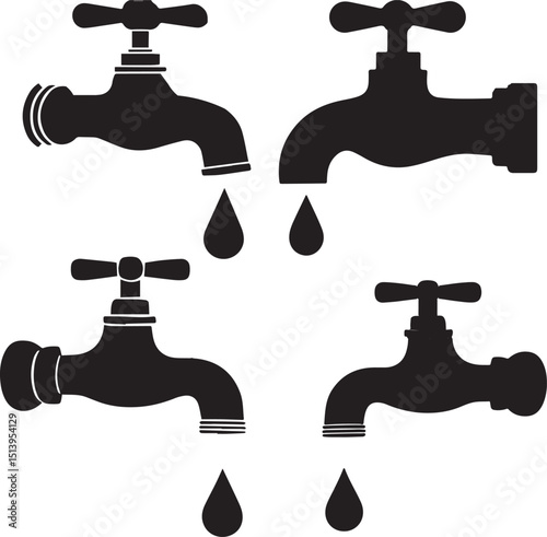 Set of four black and white water faucet icons with dripping drops, perfect for plumbing, water conservation, or home maintenance design projects