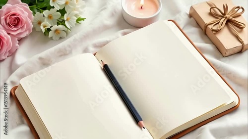 Open notebook with black pencil and flowers on soft fabric background  