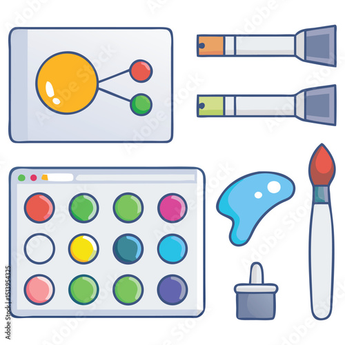Vector icon set of painting tools and art supplies with brush, palette, and canvas in clean minimal style
