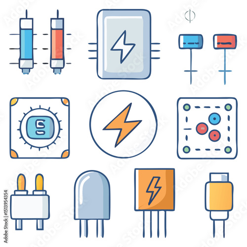 Vector icon set for electrical engineering with plug, circuit, battery, and motor in clean minimal design
