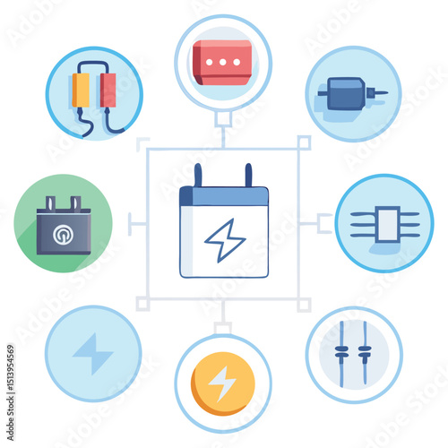 Vector icon set for electrical engineering with plug, circuit, battery, and motor in clean minimal design
