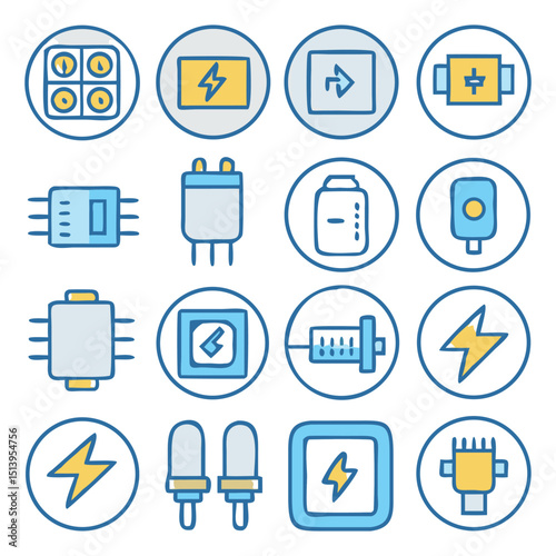 Vector icon set for electrical engineering with plug, circuit, battery, and motor in clean minimal design
