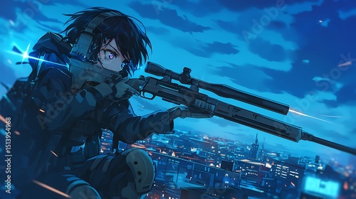 Female sniper with short black hair, colorful anime style