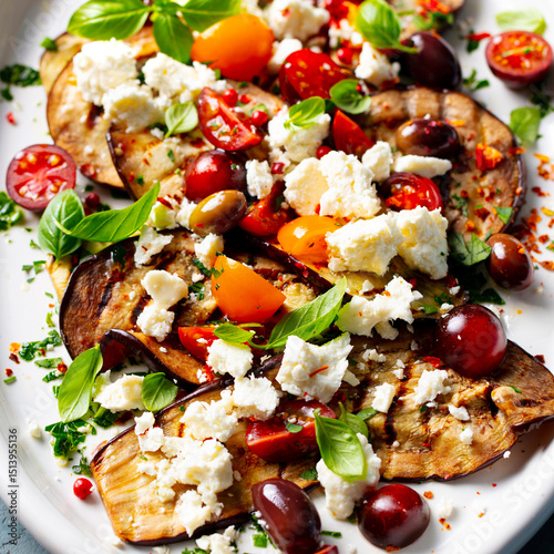 Grilled eggplants salad with feta cheese and tomatoes on a white plate. Close up. Top view.