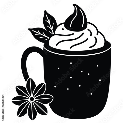 Simple black and white drawing of a cozy hot beverage with whipped cream and flower