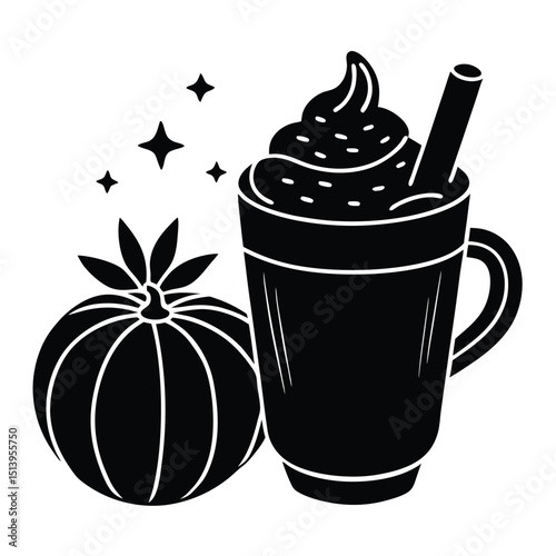 Simple black and white illustration of a pumpkin spice latte and decorative pumpkin