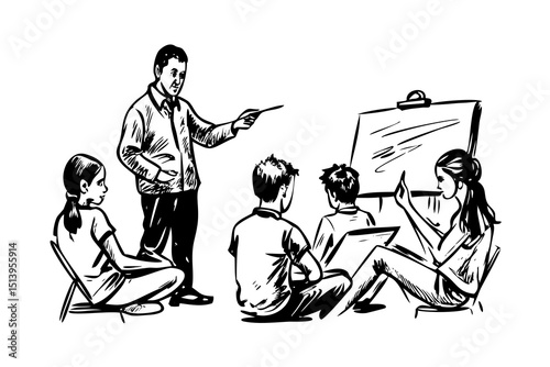 Engraved Illustration Art Class, Teacher Guiding Students