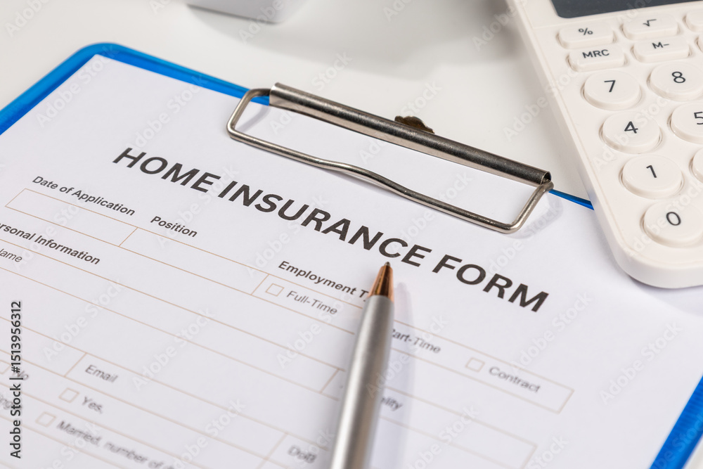 Home Insurance Form in Clipboard on Desk with Calculator and Pen – Property Coverage Concept