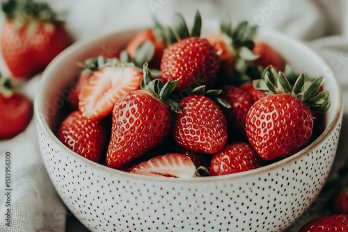 A closeup of a fresh  sweet strawberry in a bowl