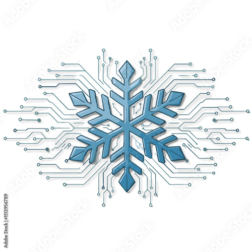 Snowflake design with digital circuit elements in blue tones  on a transparent background icon