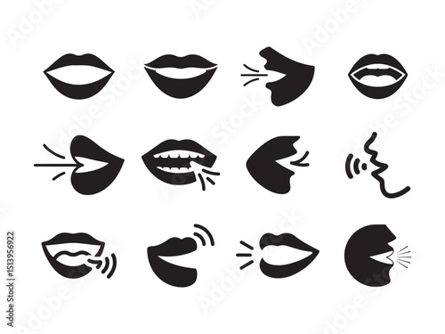Collection of Black and White Mouth Icons Showing Various Speech and Sound Actions