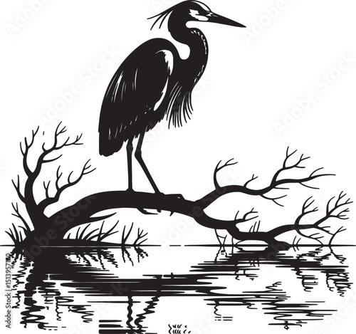 Elegant Heron on Branch Over Water - Black and White Vector Art