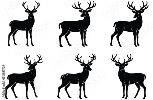 A vector set of wild deer and reindeer animal silhouettes with antlers and horns, perfect for nature and wildlife illustrations