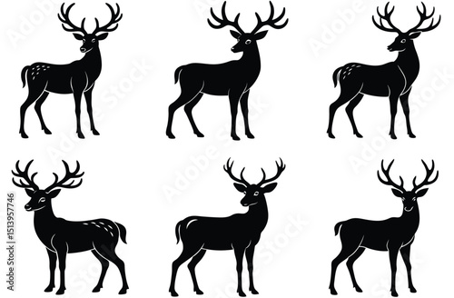 A striking black vector illustration set of wild deer animal silhouettes