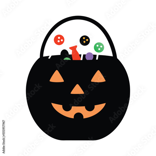 Vector illustration of a black jack o lantern candy bucket filled with treats on halloween