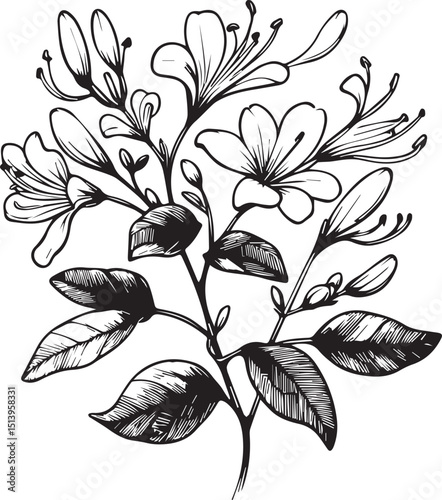 Single-line drawing of a beautiful, fresh honeysuckle flower for home wall art decor. Printable poster decorative sword honeysuckle flower concept. Modern line drawing calla flower design vector