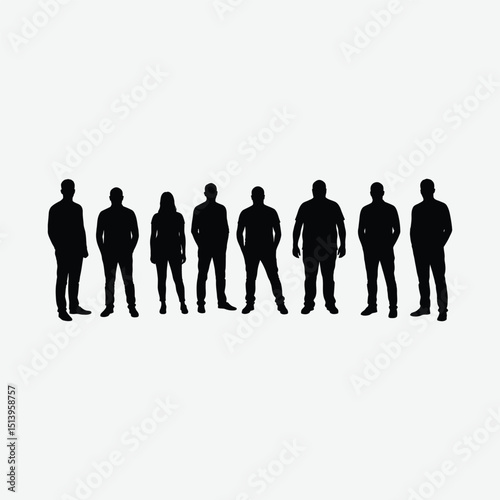 Minimalist artwork of seven diverse black silhouettes standing in a line on a white background. Abstract, balanced, and neutral design ideal for modern visual projects.