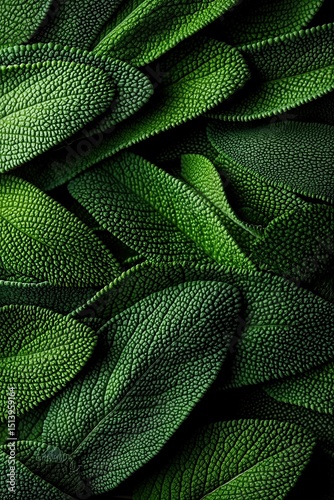 Macro photograph of fresh sage leaves, extreme close-up showing high-detail texture. The bumpy surface and fine vein patterns are clearly visible. 