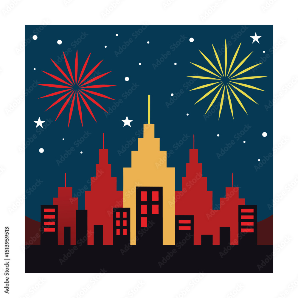 Fototapeta premium Cityscape fireworks night celebration urban scene